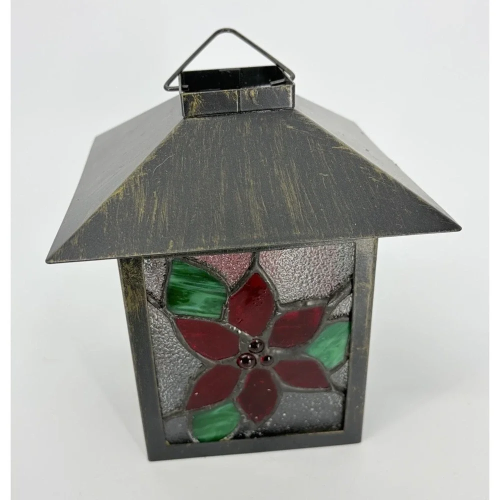 Stained Glass Tea Light Candle Holder Lantern Poinsettia Christmas Decoration